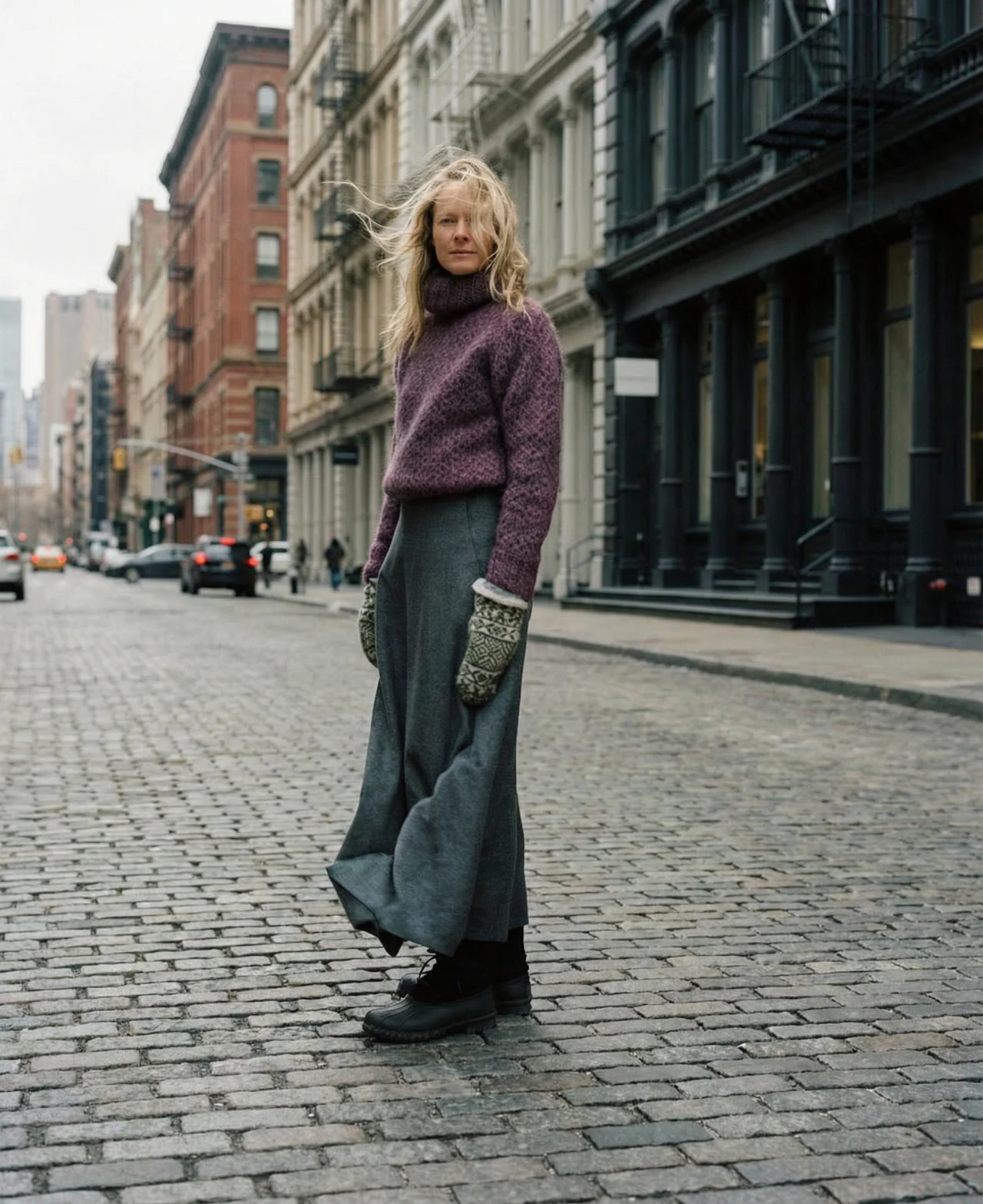 AI campaign image for O.A.D: knitwear on SoHo cobbles
