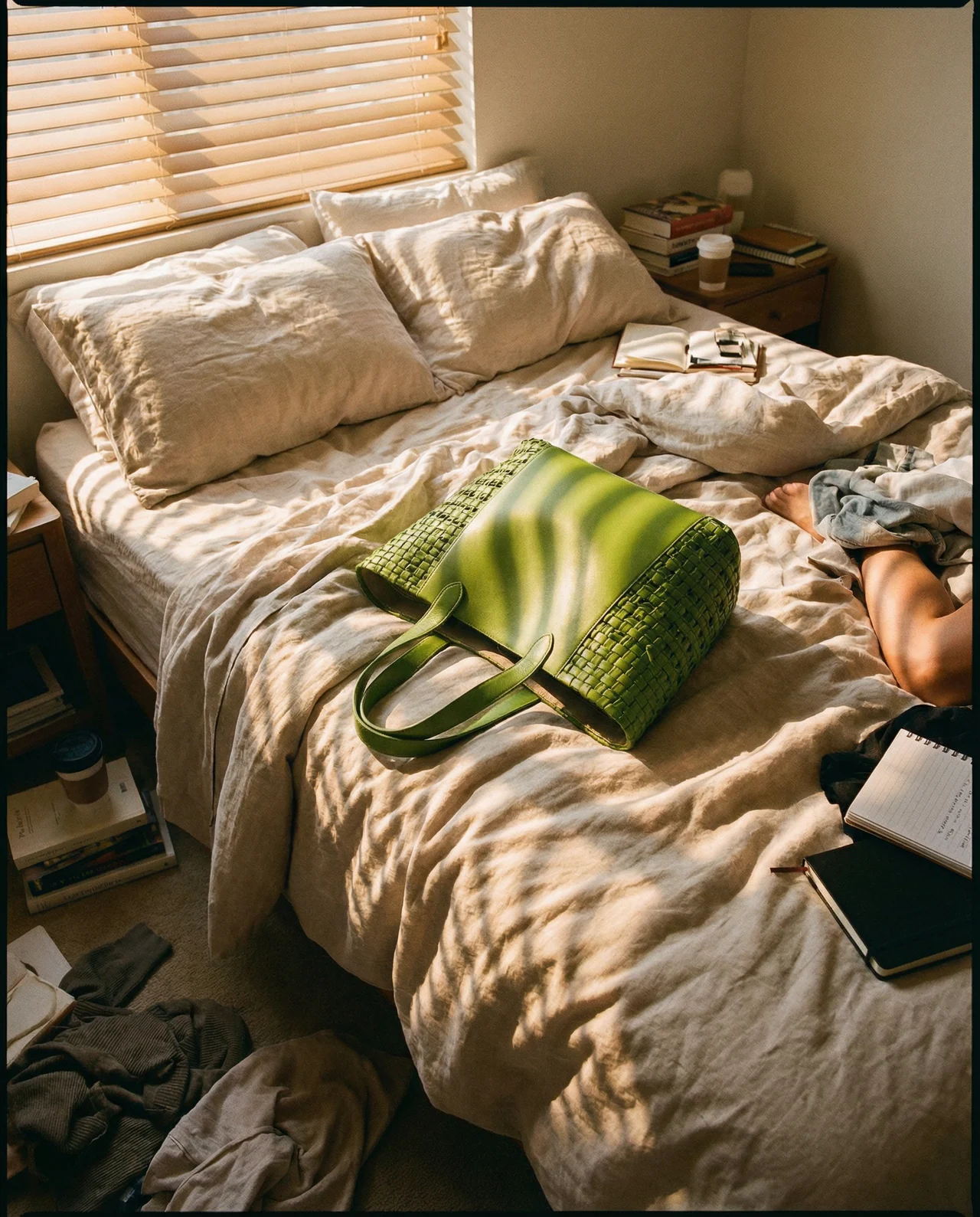 AI campaign image: a green woven tote on a sunlit bed