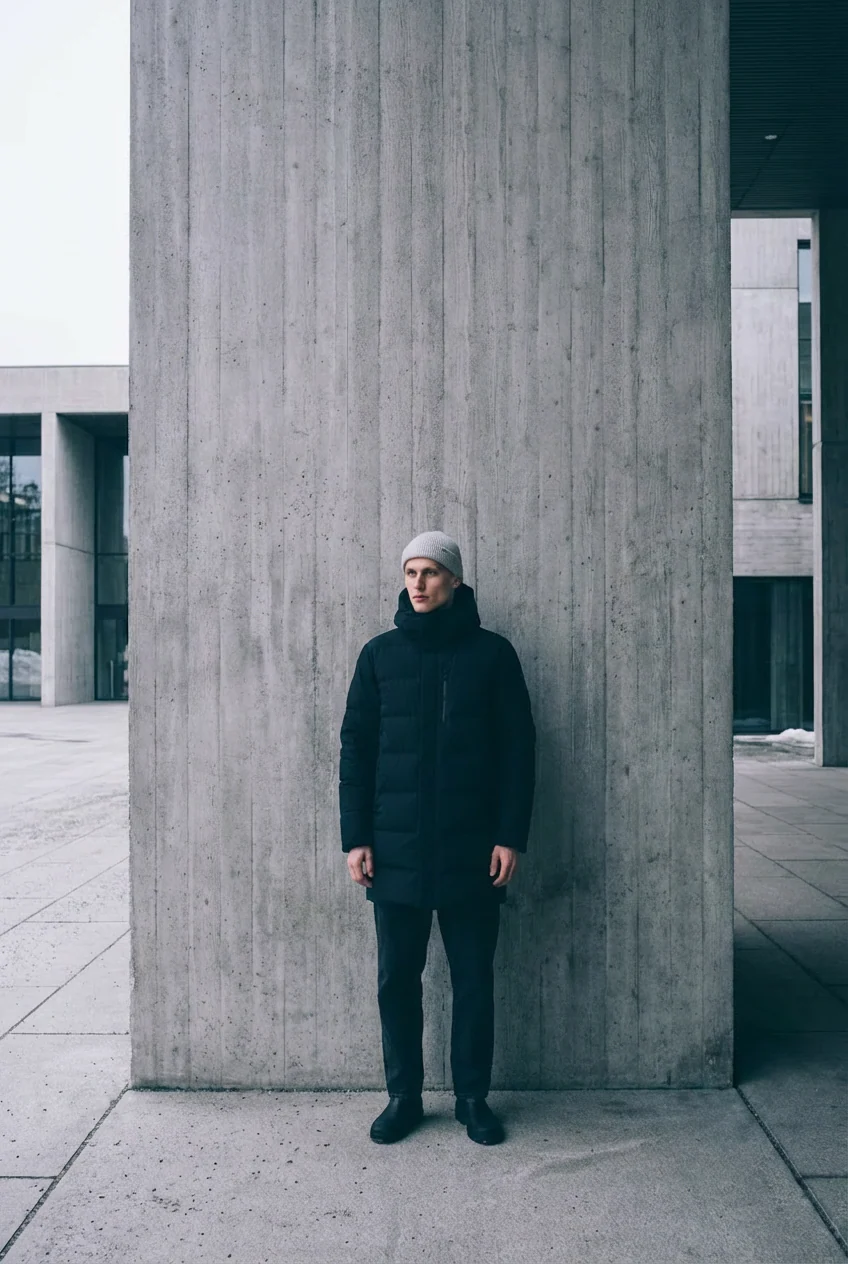 AI campaign image: a parka against raw concrete