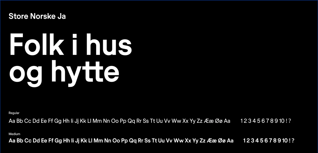 Store Norske Ja: "Folk i hus og hytte" with the alphabet in Regular and Medium