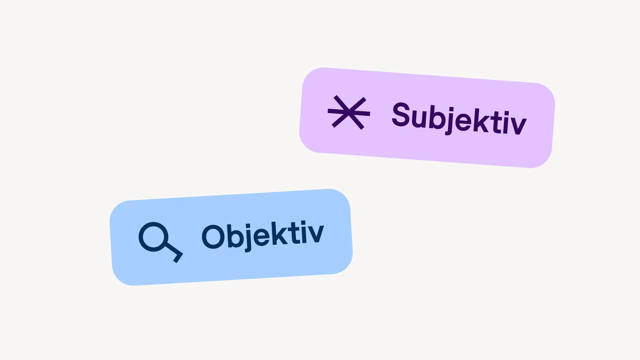 Two stickers: a blue Objektiv with a magnifying glass and a lilac Subjektiv with the asterisk