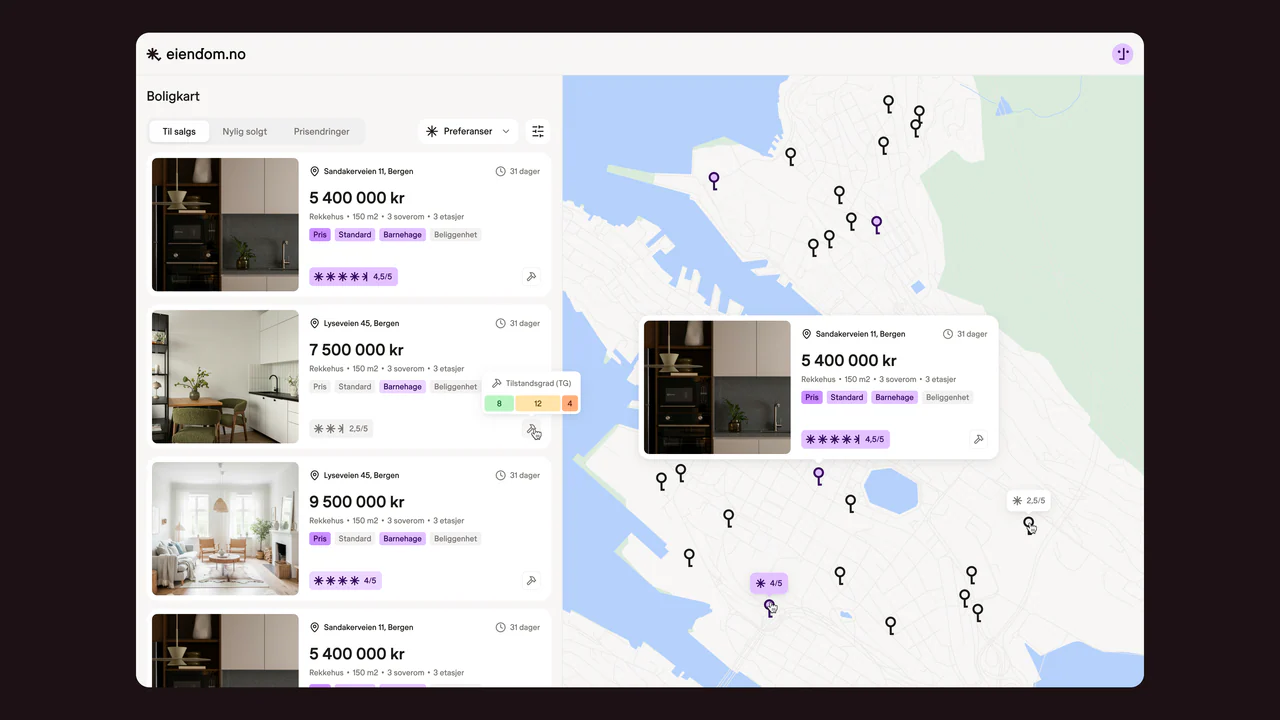 Eiendom.no on desktop, a concept screen: a list of homes beside a map of pins