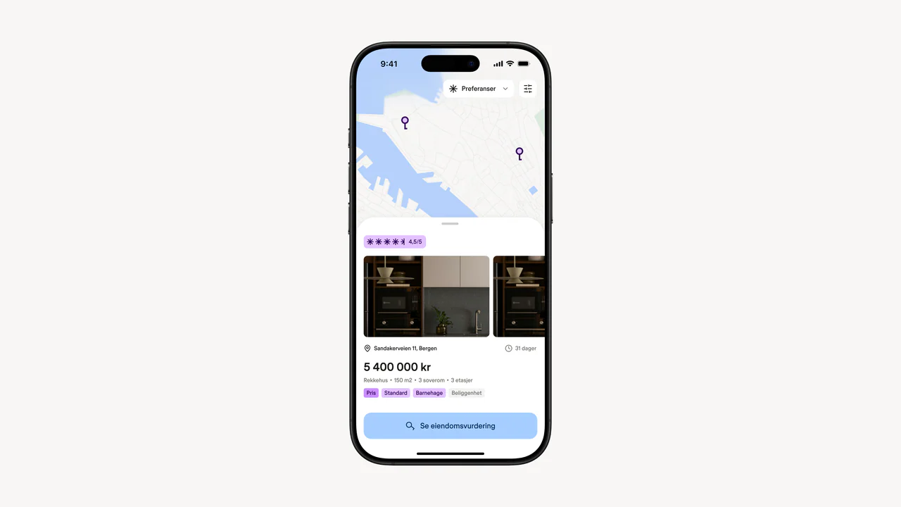 Eiendom.no on a phone, a concept screen: a map above a listing card