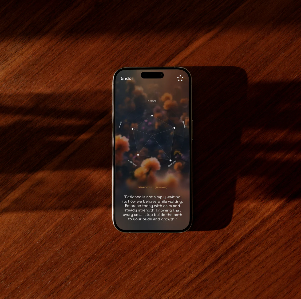 The Endor app on a phone lying on dark wood