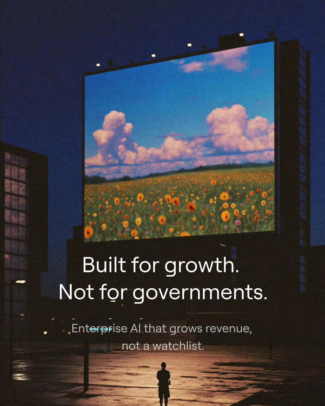 Manta ad: a billboard of a sunflower field in a dark city, headline "Built for growth. Not for governments."
