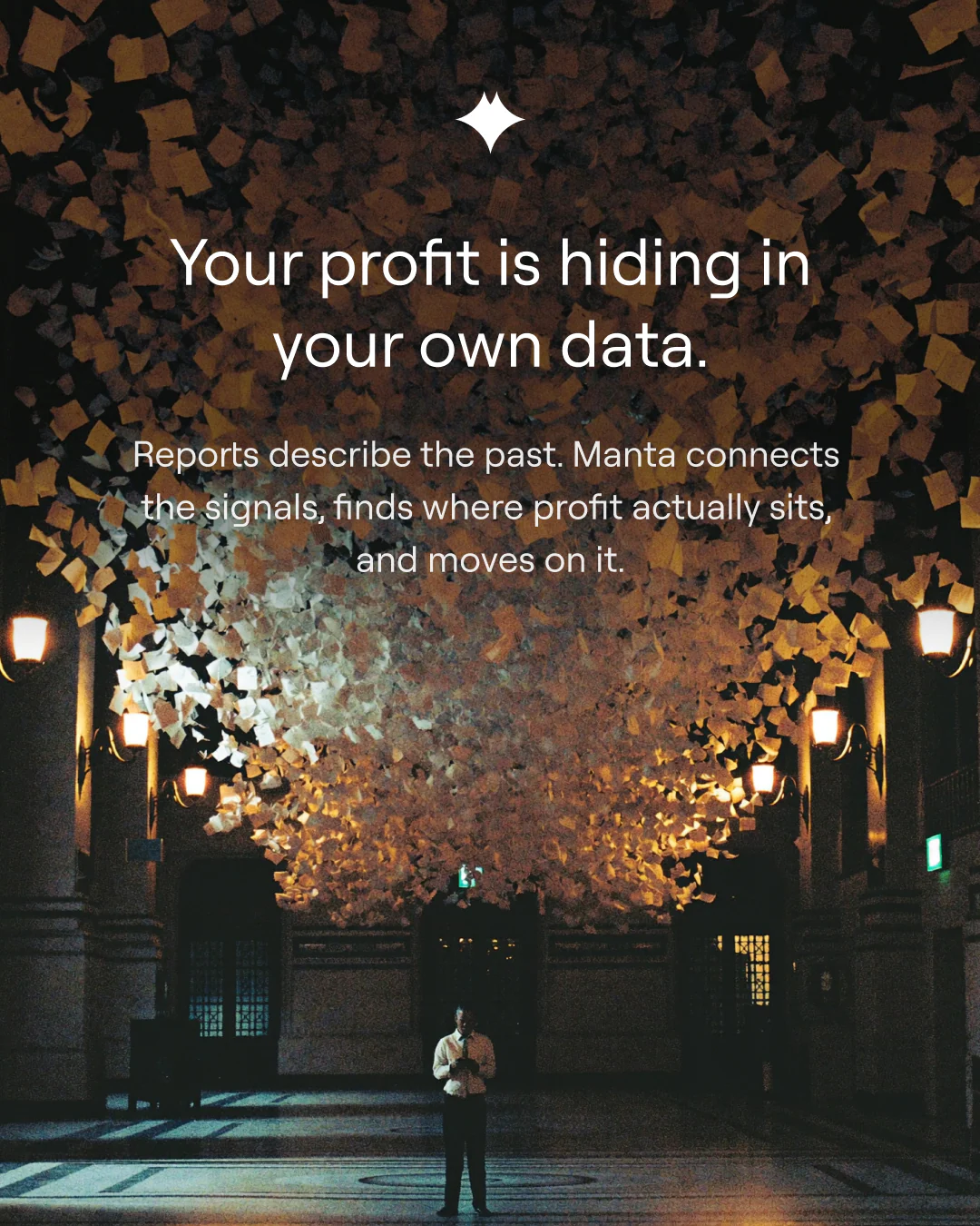 Manta ad: a figure in a glowing corridor of trees, headline "Your profit is hiding in your own data."