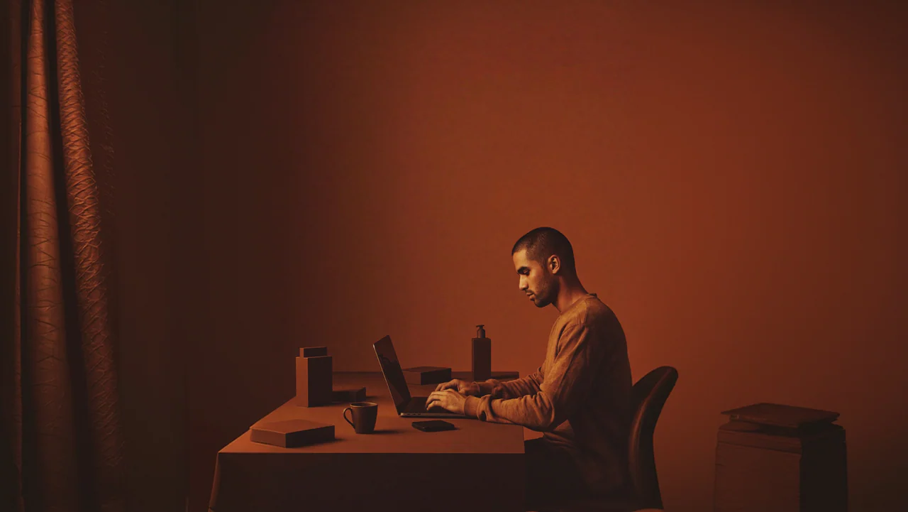 A man working at a laptop in a burnt-orange room