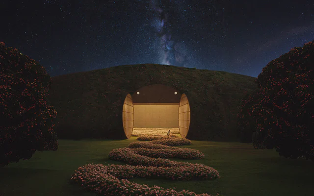 Manta: A glowing doorway set into a grassy hill under the Milky Way