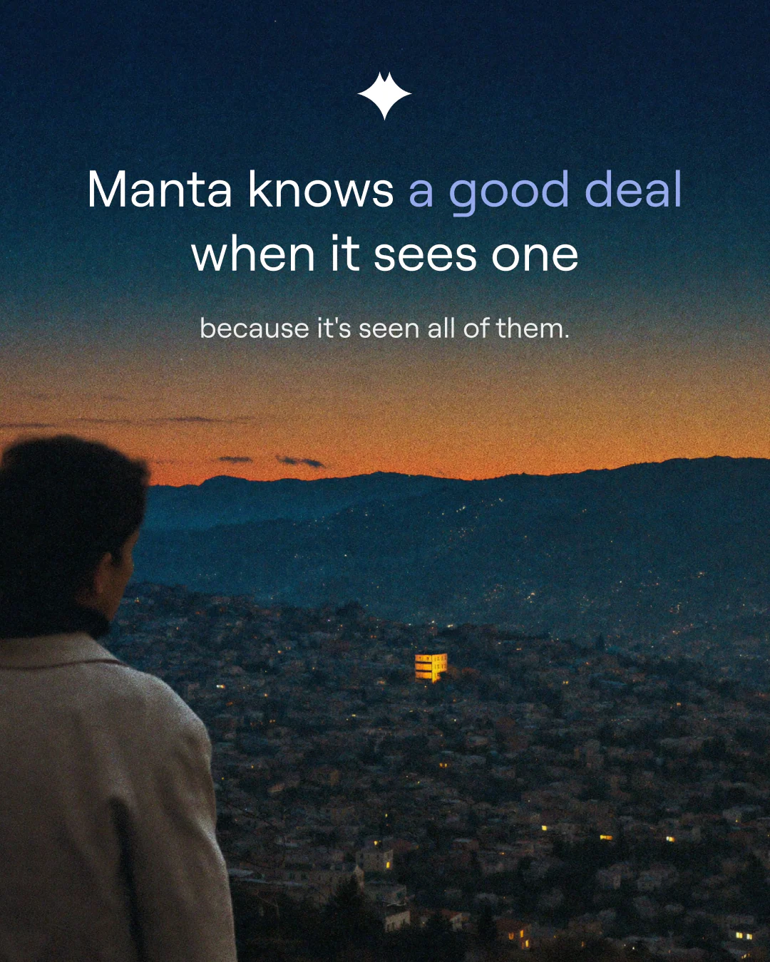 Manta ad over a city at dusk, headline "Manta knows a good deal when it sees one."