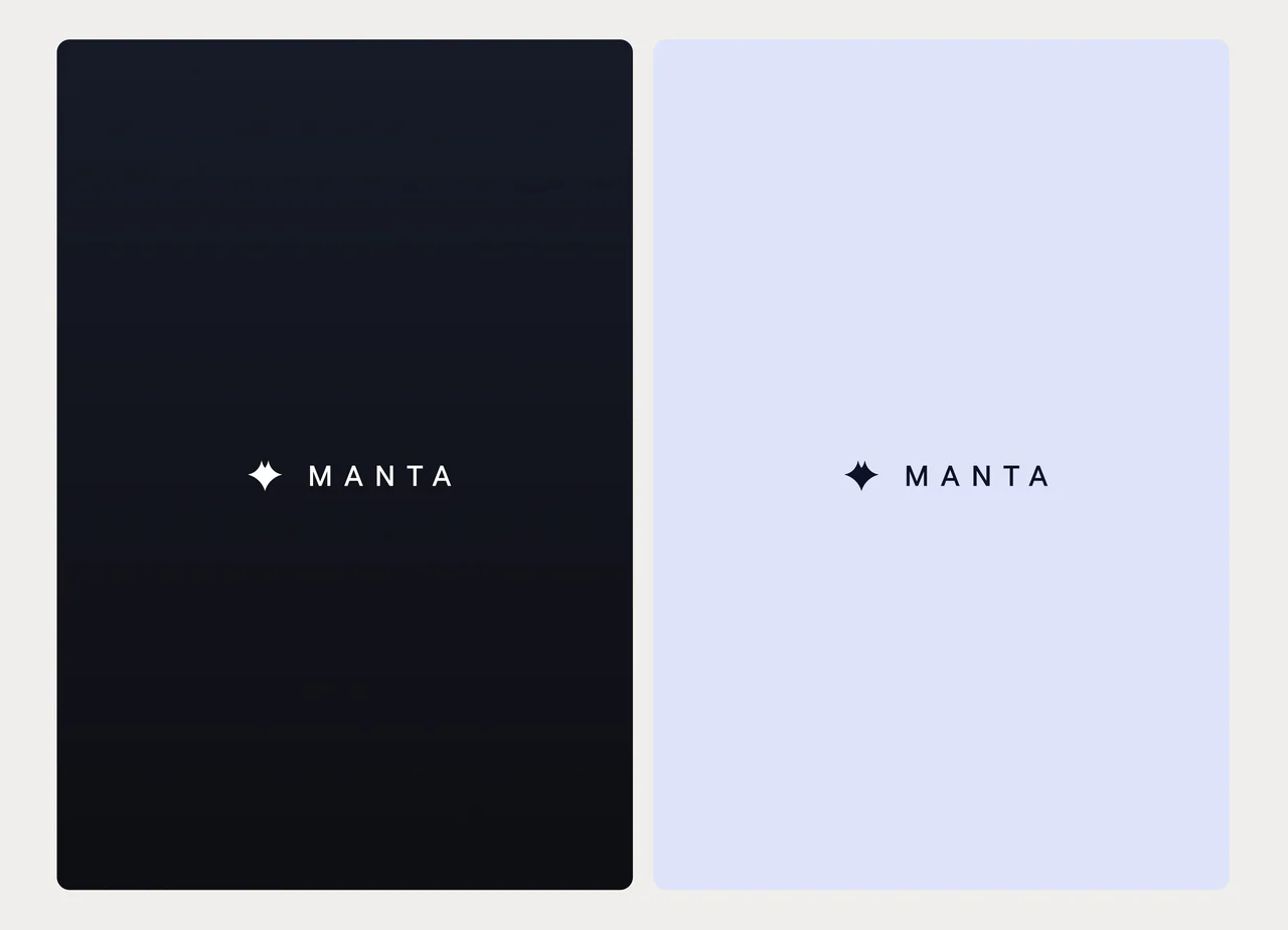 The Manta lockup, the symbol and the spaced wordmark, on dark navy and on pale lilac