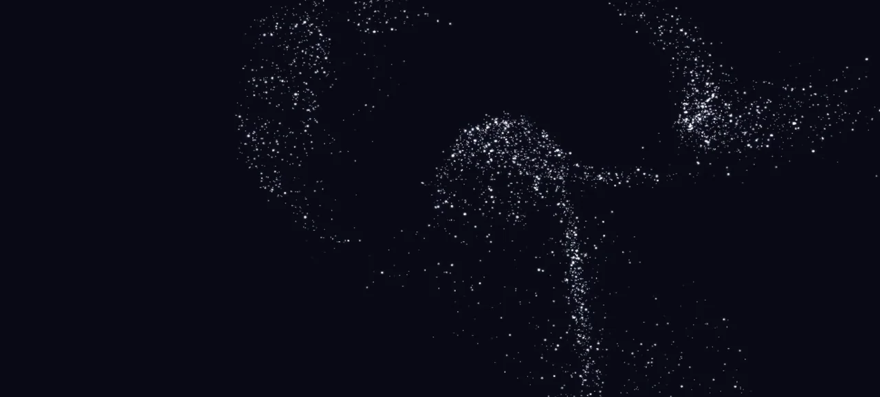 A school of small white dots gathering into the shape of a manta ray on deep navy