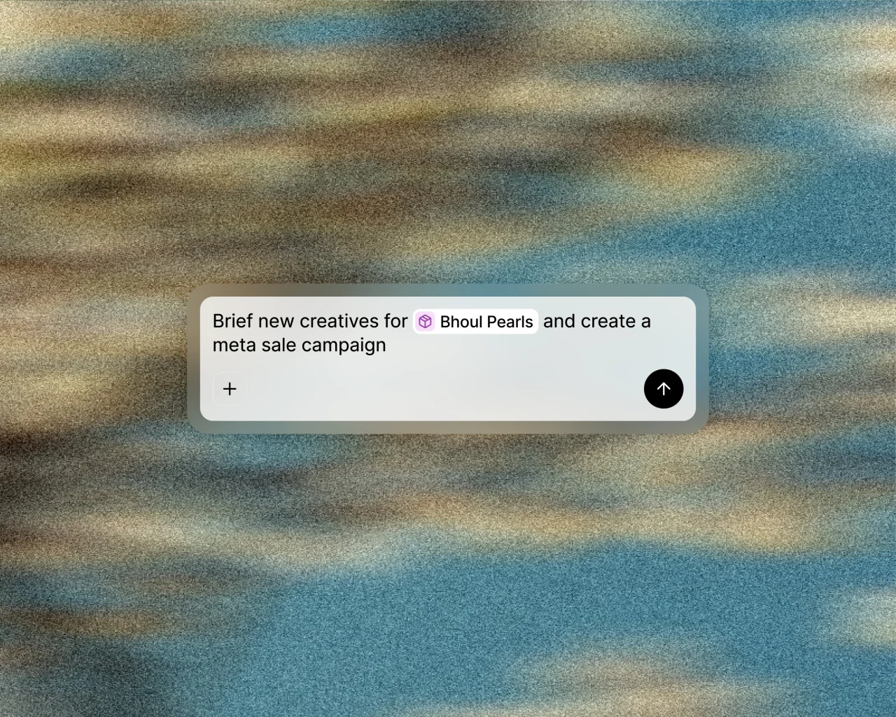 Marketer.com prompt box over a blurred ocean: "Brief new creatives for Bhoul Pearls"