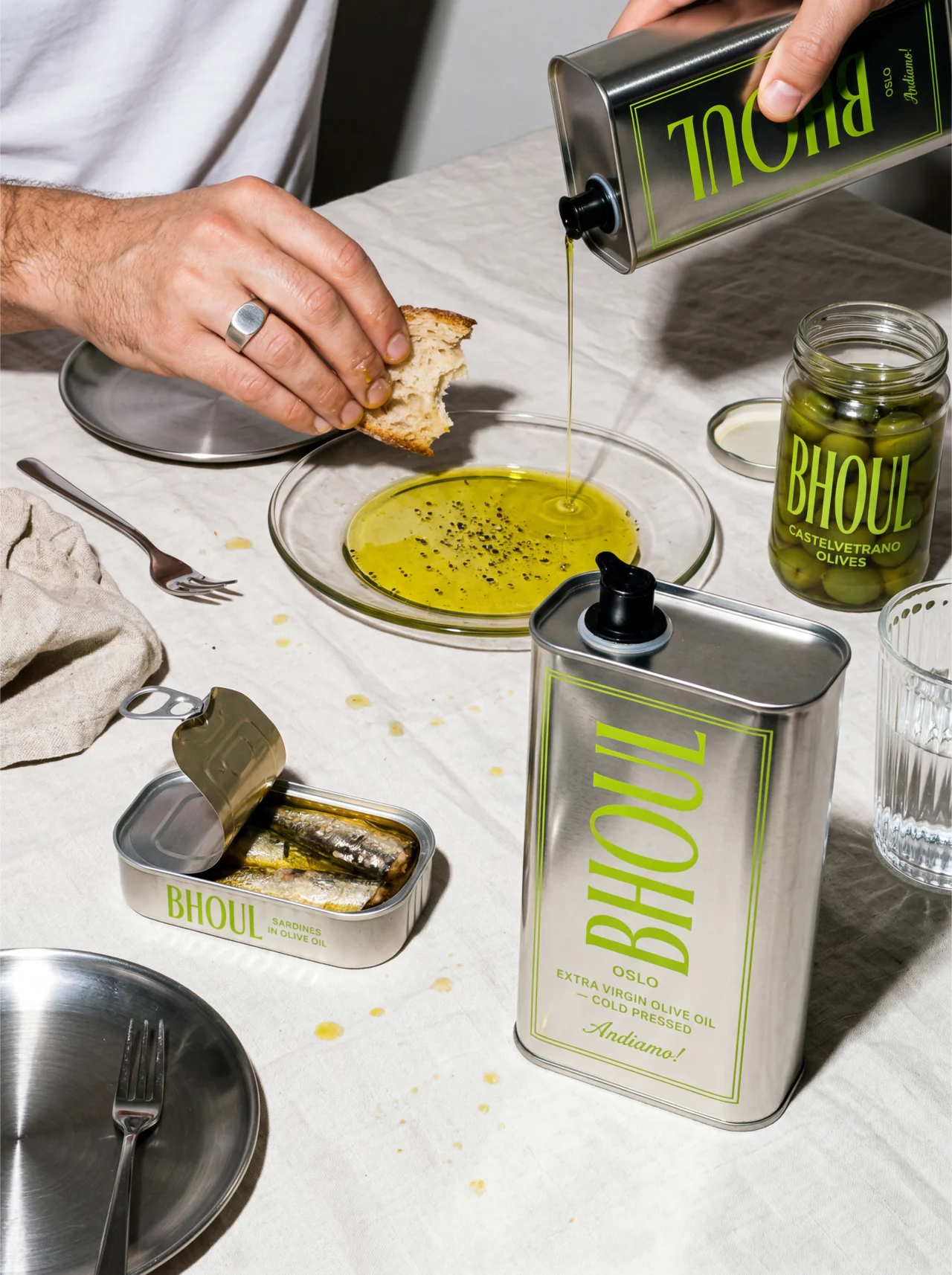 AI product image: olive-oil tins on a sunlit table