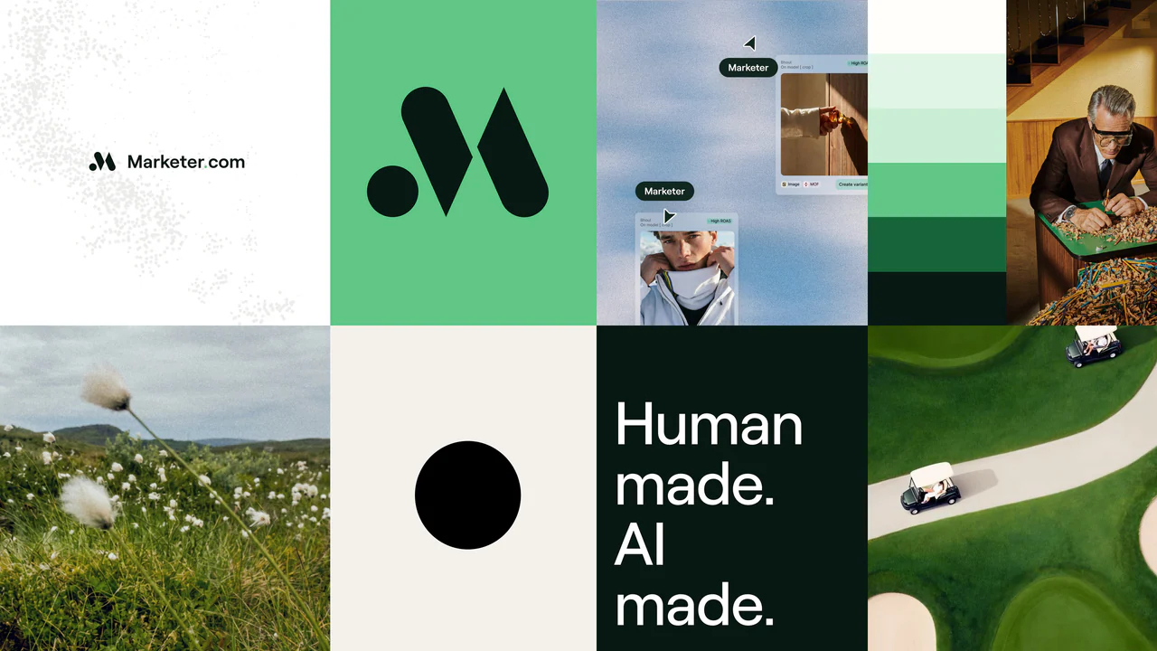 Marketer.com moodboard: the wordmark on cream, the M symbol on green, cotton grass, "Human made. AI made." on deep green, a black dot and photographs