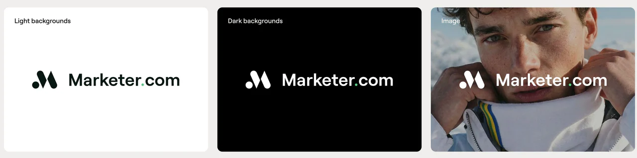 The Marketer.com logo on a light background, a dark background and a photograph