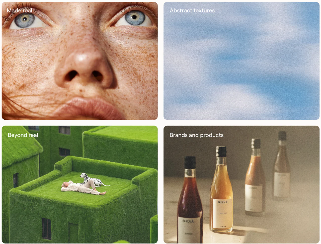 Four kinds of Marketer.com imagery: a freckled face, soft clouds, a grass-covered rooftop and bottles in warm light