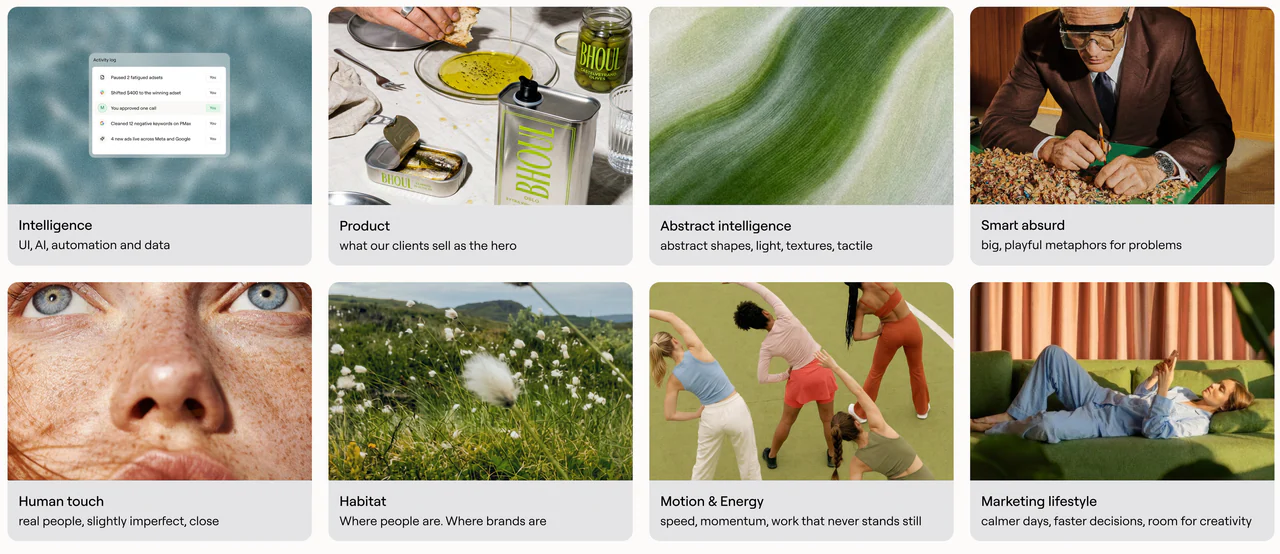 Eight Marketer.com ad families, from Intelligence and Product to Human touch and Marketing lifestyle
