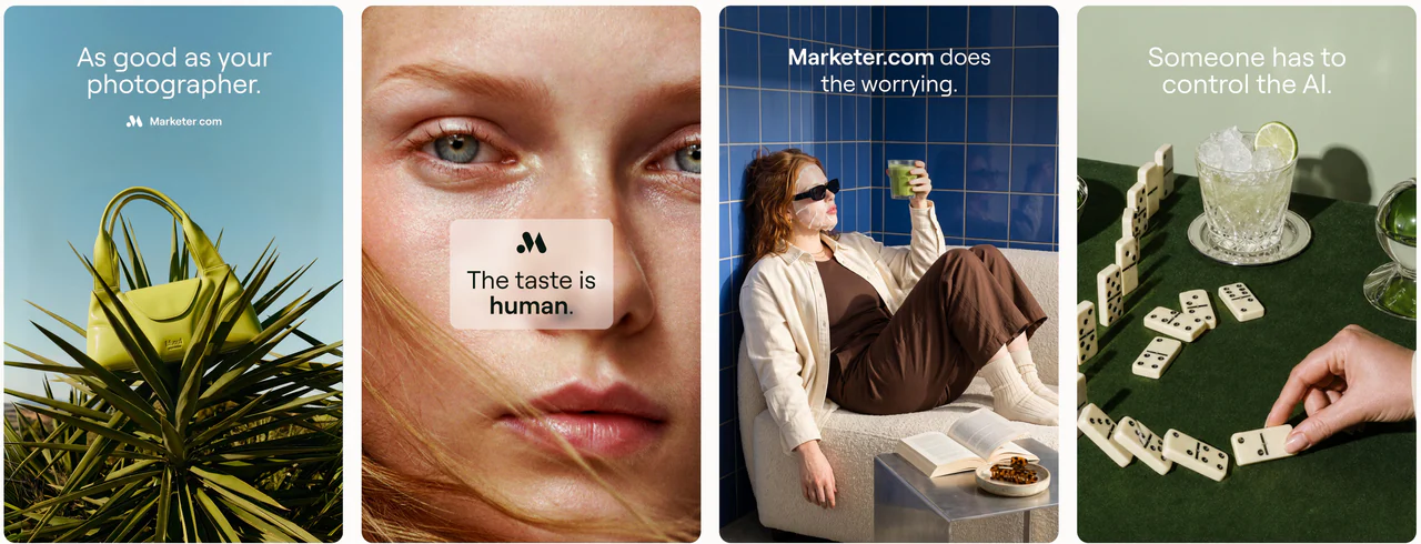 Four Marketer.com Meta ads: the logo on a calm background, the mark alone, the name written in the image, and no logo