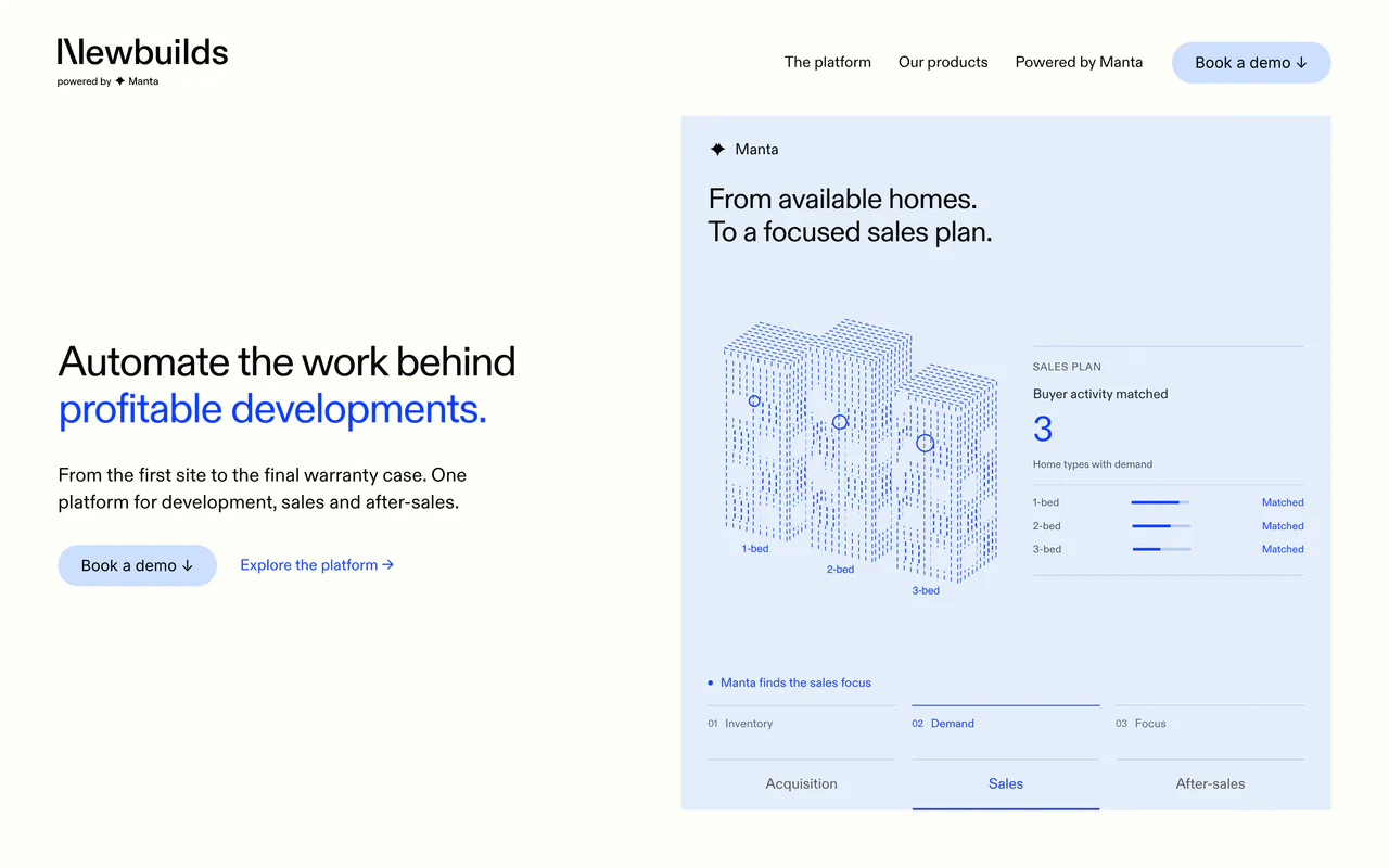 Newbuilds.com: "Automate the work behind profitable developments." beside a sales plan for available homes