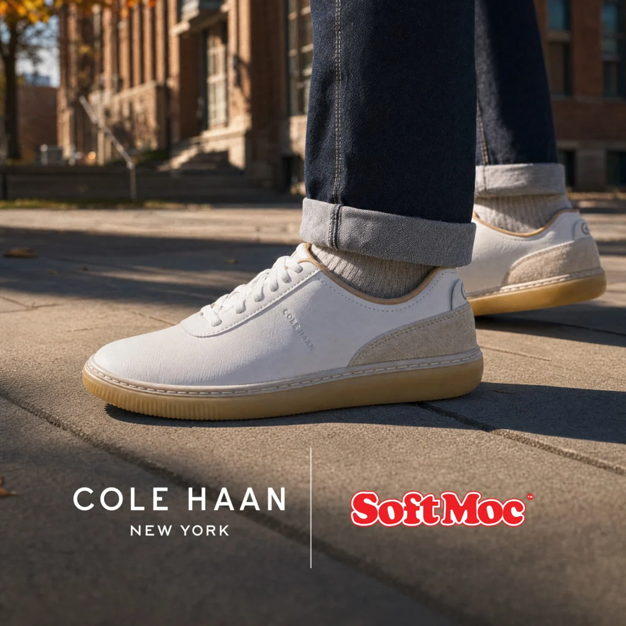 White Cole Haan trainers with a gum sole in a SoftMoc creative