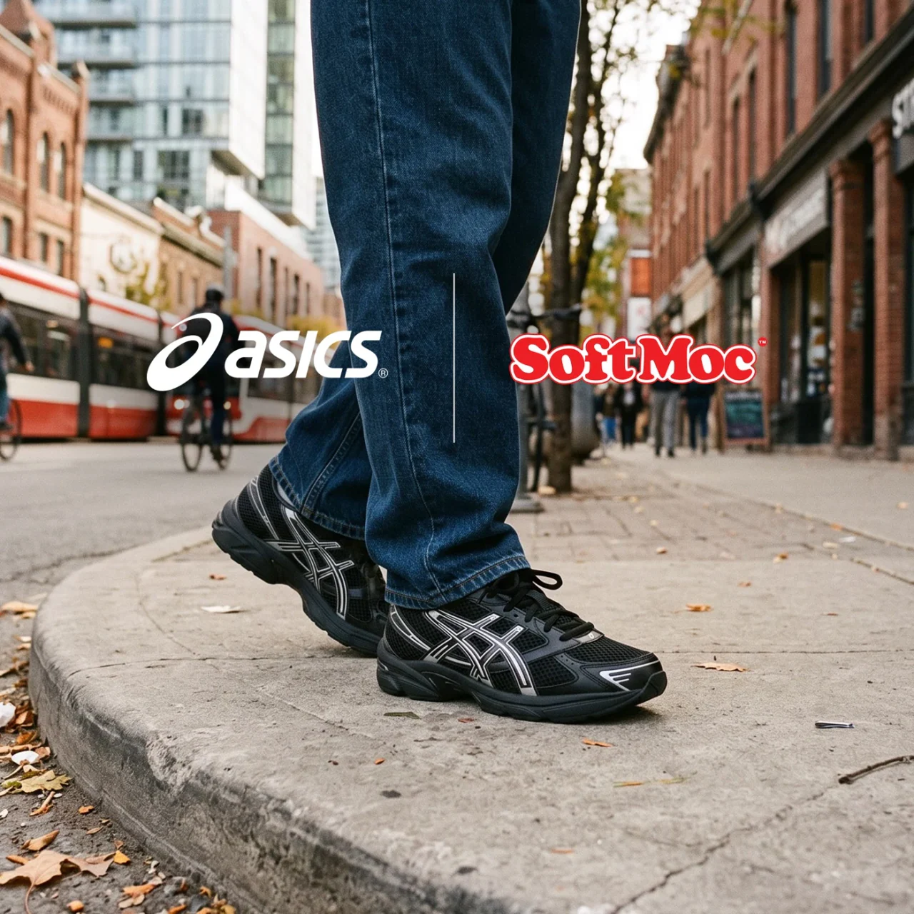 Black Asics trainers and jeans on a city street in a SoftMoc creative
