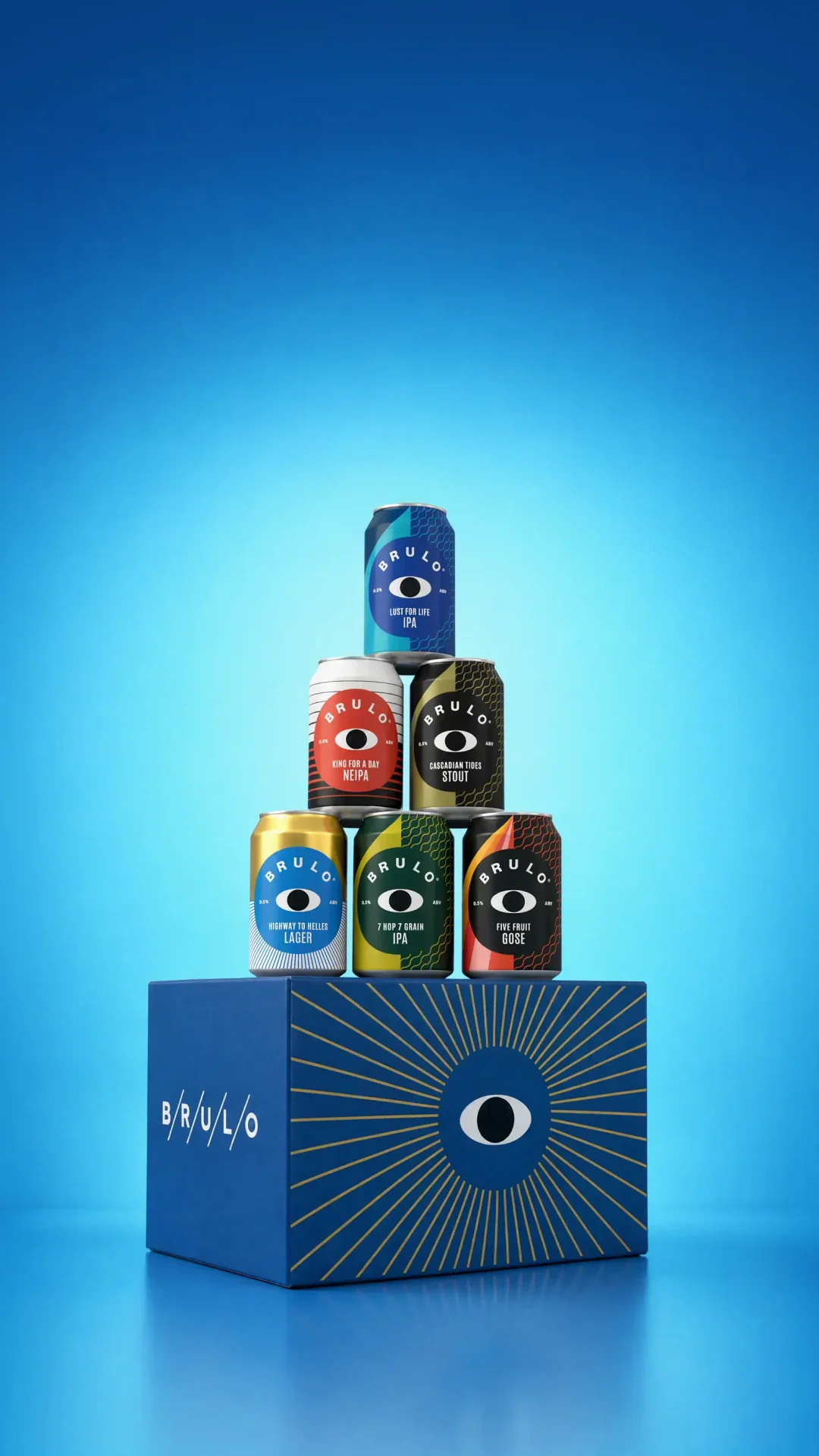 Brulo: a stack of alcohol-free beer cans on electric blue