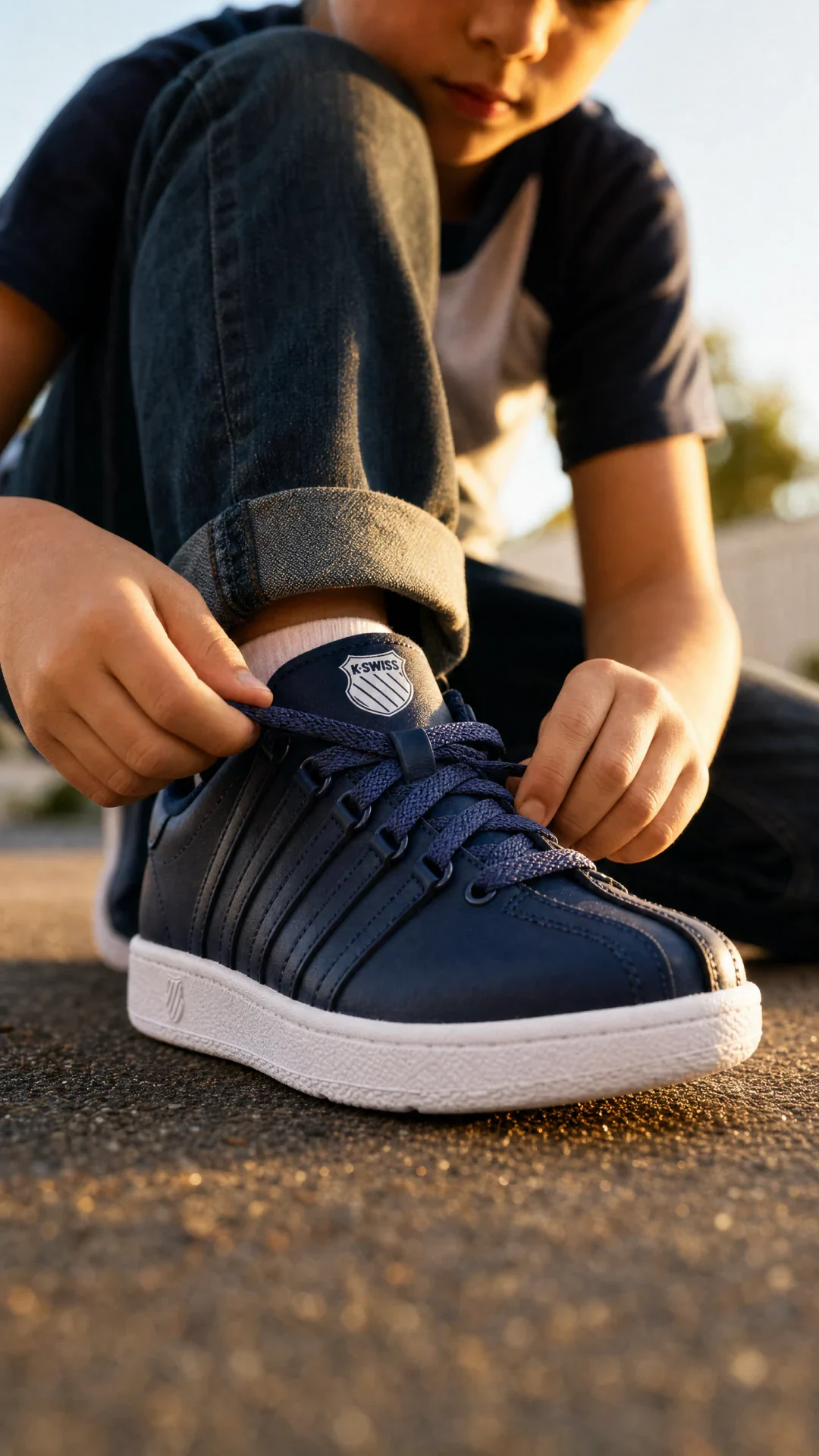 K-Swiss: a kid lacing a court sneaker
