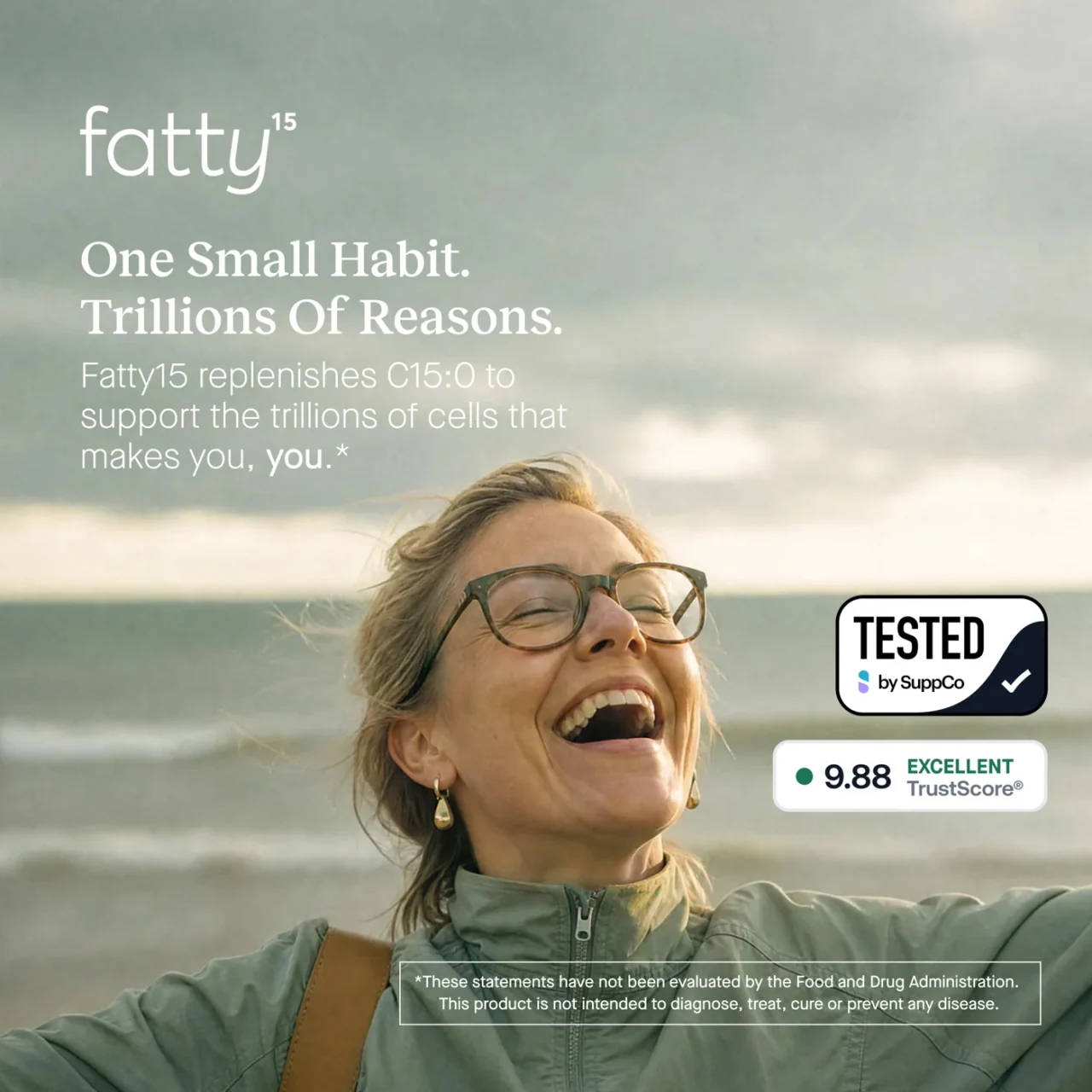 fatty15: a woman laughing by the sea, "One small habit, trillions of reasons."
