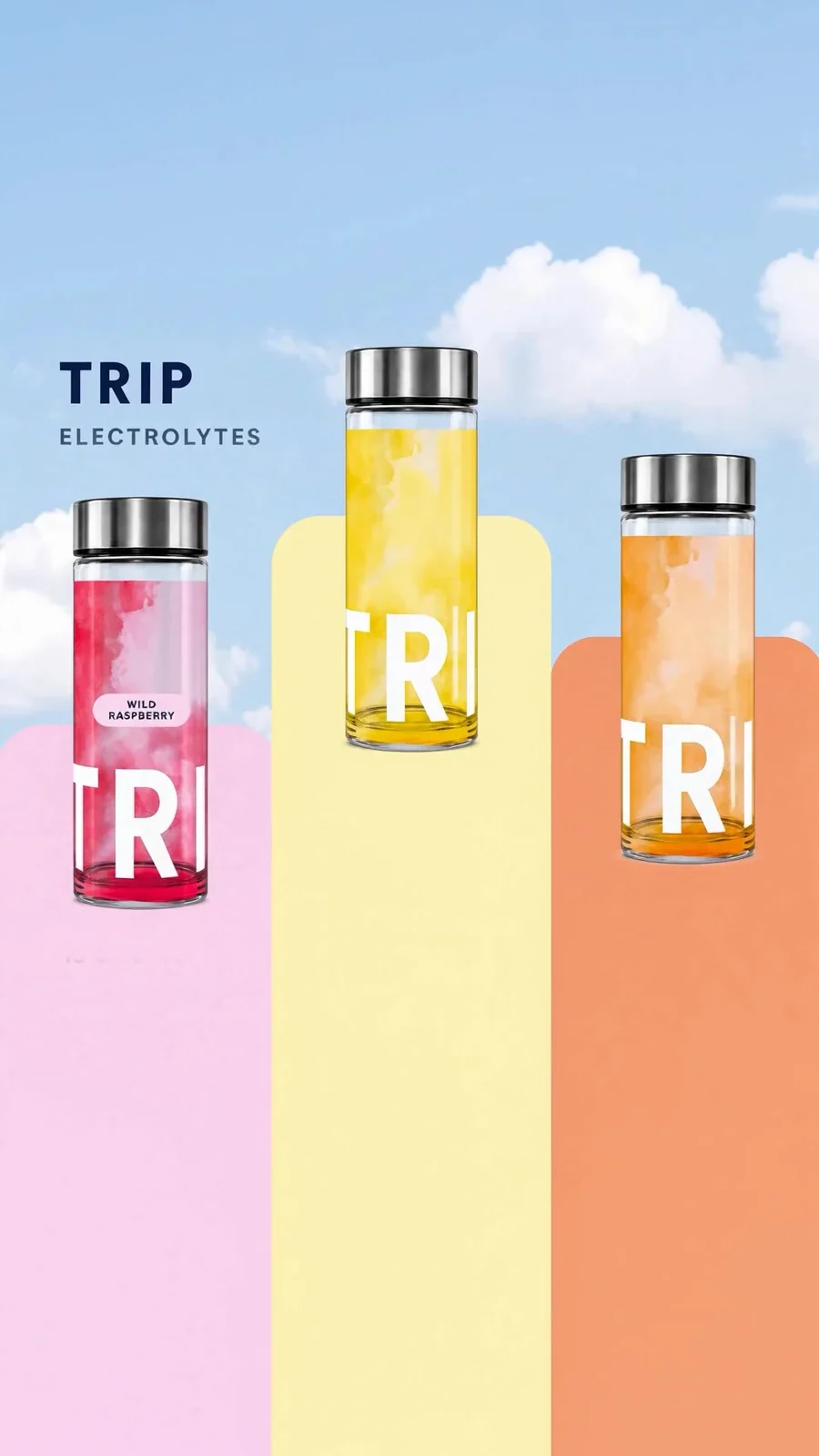 Three TRIP electrolyte bottles against pastel colour panels
